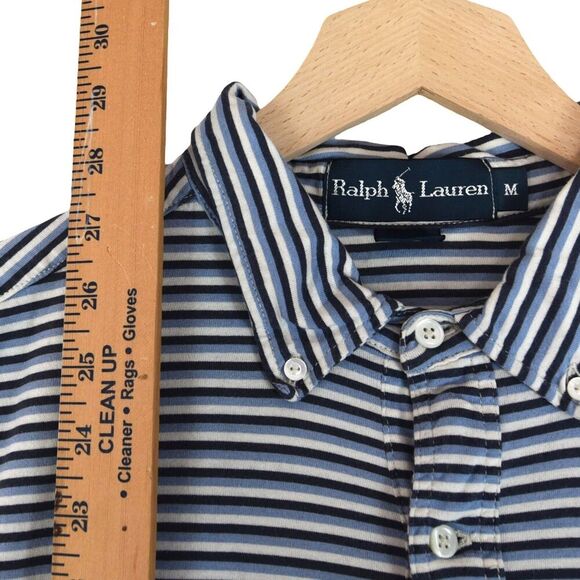 Ralph Lauren Polo Shirt Mens Medium Blue White Stripe Cotton Short Sleeve Button - Picture 6 of 7